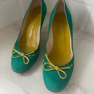 Green Suede Pumps with Yellow Accents